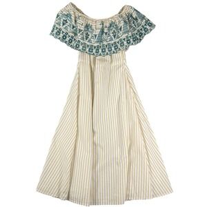 Global Desi Off Shoulder Midi Dress Medium White Yellow Stripe Teal Embroidery